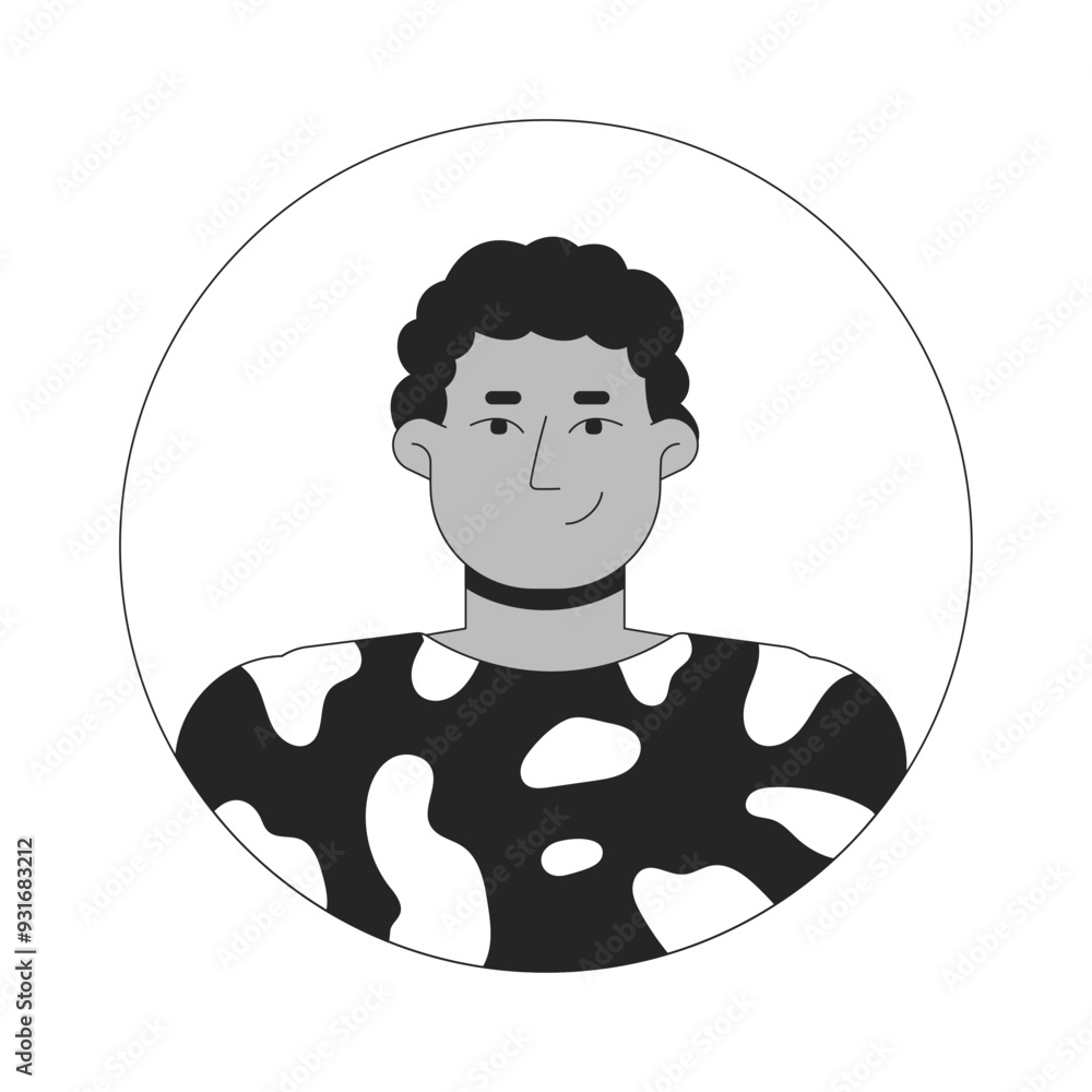 Afro curly hair black man smirking black and white 2D vector avatar ...
