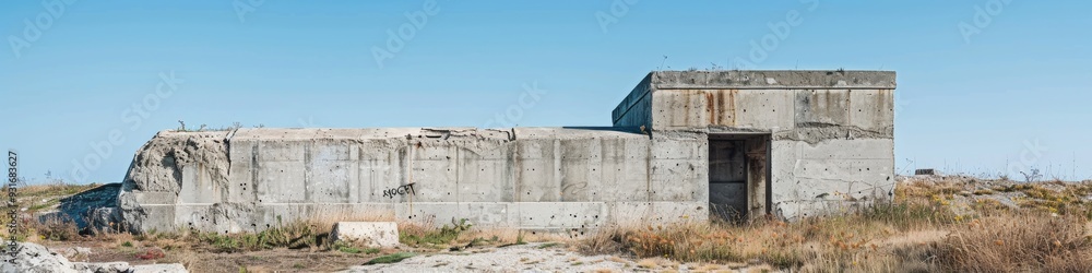 Weathered Soviet bunker featuring aged walls and gray concrete blocks beneath a clear blue sky Weathered Soviet bunker featuring aged walls and gray concrete blocks beneath a clear blue sky