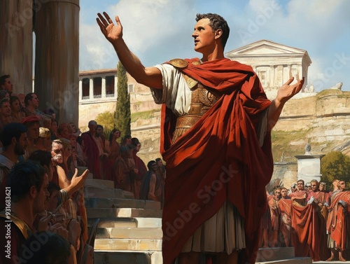 Roman Orator Addressing Crowd in Ancient Forum with Historical Architecture