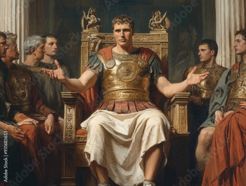 Ancient Roman Emperor and Council Meeting in Ornate Throne Room