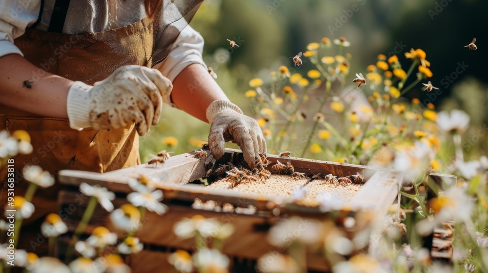 A beekeeper tending to a beehive in a blooming garden, surrounded by flowers and flying bees. A beekeeper tending to a beehive in a blooming garden, surrounded by flowers and flying bees.