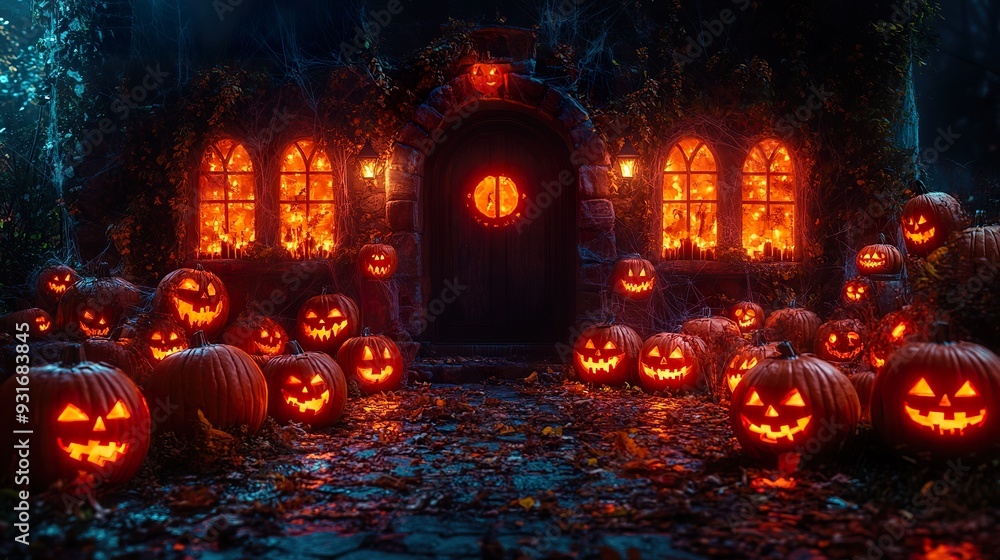 A spooky haunted house decorated with jack-o'-lanterns and cobwebs A spooky haunted house decorated with jack-o'-lanterns and cobwebs