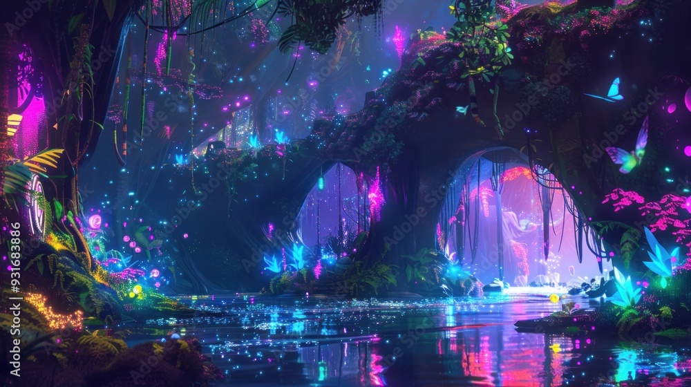 Mystical Forest Night with Glowing Flowers and Butterflies Mystical Forest Night with Glowing Flowers and Butterflies