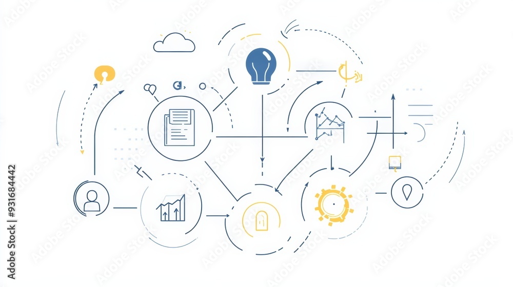 Simplified graphic depicting various interconnected elements such as documents, charts, and icons representing collaboration, data analysis, communication, and innovation in a digital network. Simplified graphic depicting various interconnected elements such as documents, charts, and icons representing collaboration, data analysis, communication, and innovation in a digital network.