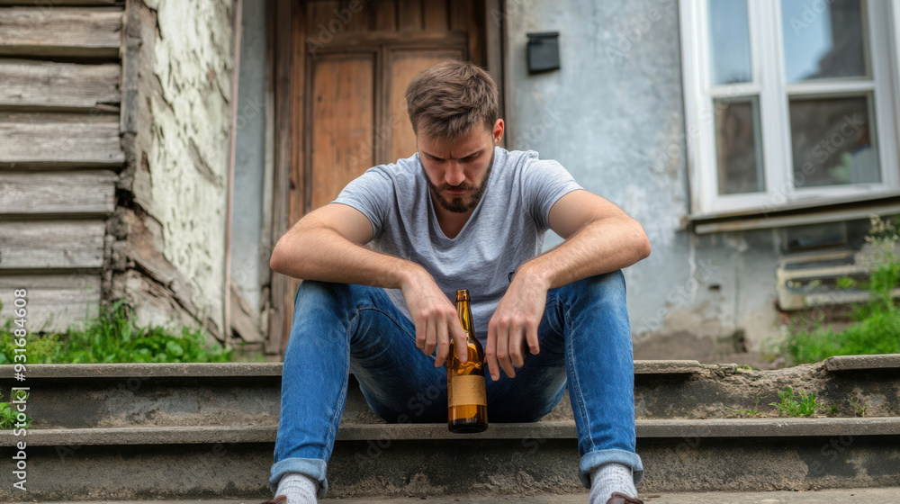 A man sitting on steps with a bottle of beer, AI A man sitting on steps with a bottle of beer, AI