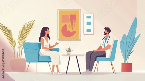 Young woman in a white dress sitting on a blue chair talking to a doctor in a medical coat, flat vector illustration of interior design with decoration elements. AI generated illustration