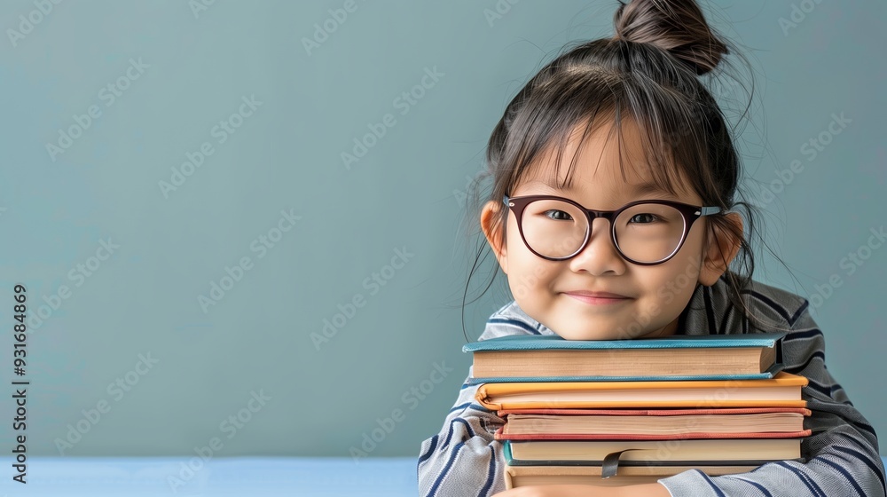 Cute asian schoolgirl wearing glasses smiling and hugging a stack of books on blue background Cute asian schoolgirl wearing glasses smiling and hugging a stack of books on blue background