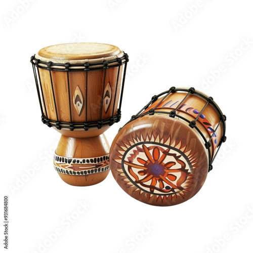 A traditional wooden djembe drum with a leather top, isolated on a white background This percussion instrument is a symbol of rhythm and cultural heritage, crafted with tribal and indi photo