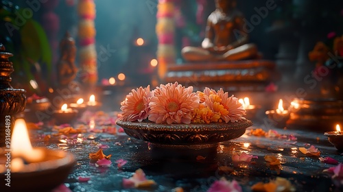 A traditional Diwali puja setup with idols, flowers, and offerings photo