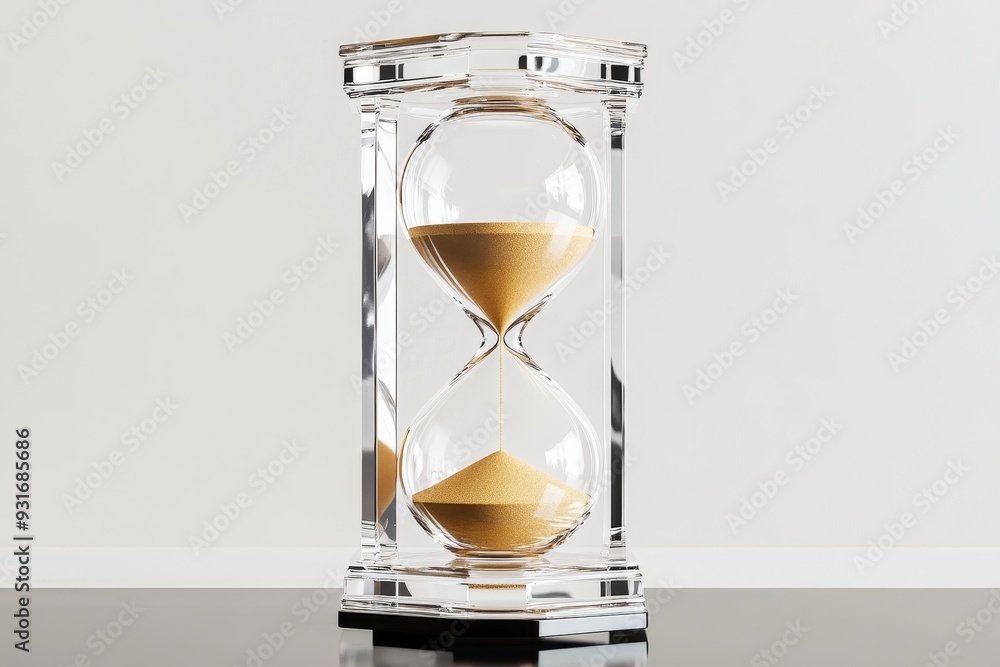 Fototapeta premium Elegant hourglass on a black surface reflecting light in a minimalistic indoor setting