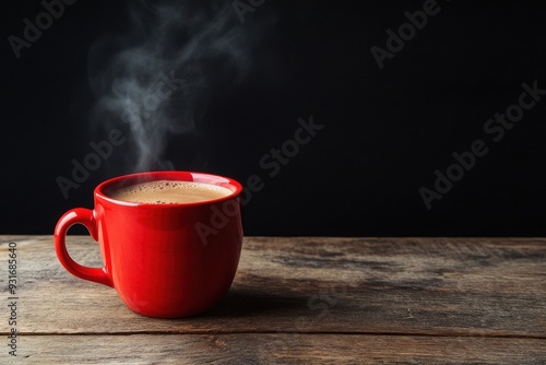 Steaming Cup of Coffee in a Red Mug on Rustic Wooden Table photo