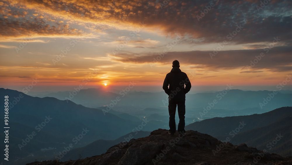 Silhouette of a man watching the sunset from a mountain Silhouette of a man watching the sunset from a mountain