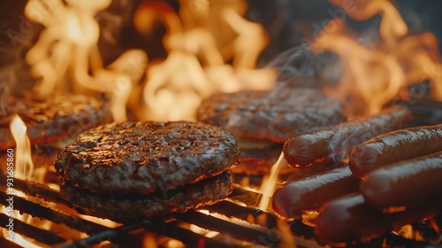 hamburgers and hotdogs cooking on flaming grill shot with selective focus photo