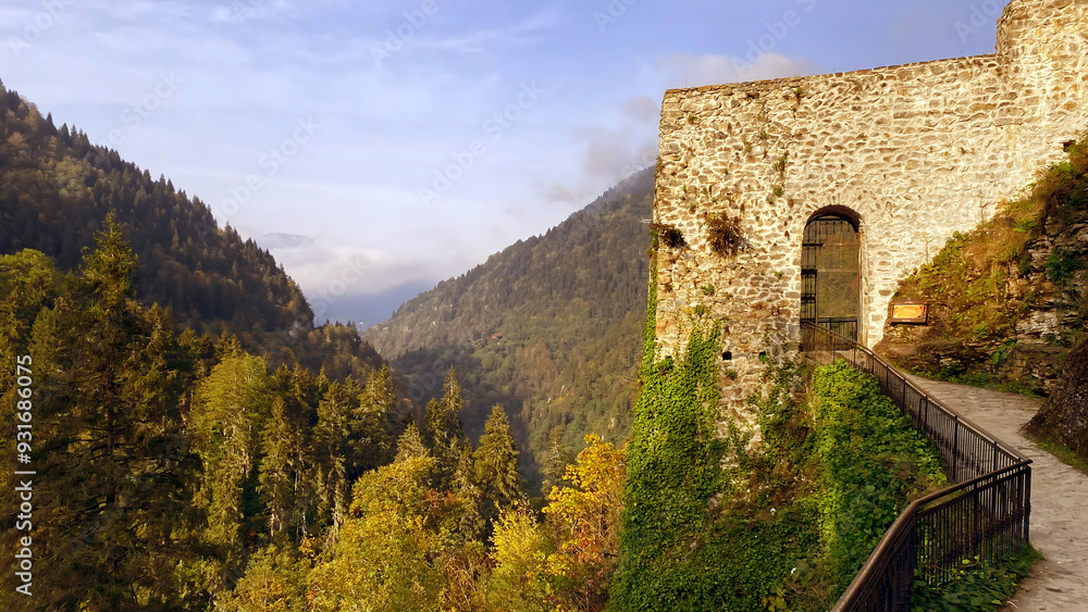 Çamlıhemşin, Rize, Turkey, 15 October 2021. Zilkale castle view in summer day. Historical Zilkale Castle located in Çamlıhemşin district of Rize. Çamlıhemşin, Rize, Turkey, 15 October 2021. Zilkale castle view in summer day. Historical Zilkale Castle located in Çamlıhemşin district of Rize.