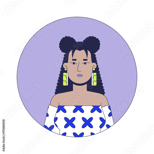 Pretty latina woman in bare shoulder top 2D linear vector avatar illustration. Hispanic young female cartoon character face portrait. Corporate employee casual flat color user profile image isolated
