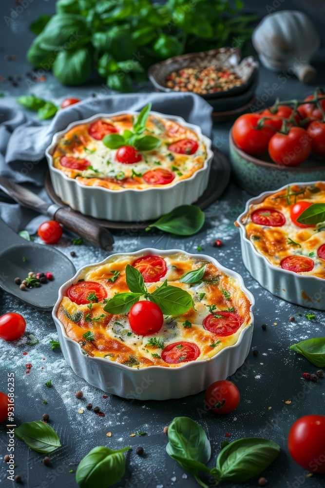 Three Mini Quiches with Cherry Tomatoes, Mozzarella, and Basil, Rustic Food Photography Three Mini Quiches with Cherry Tomatoes, Mozzarella, and Basil, Rustic Food Photography
