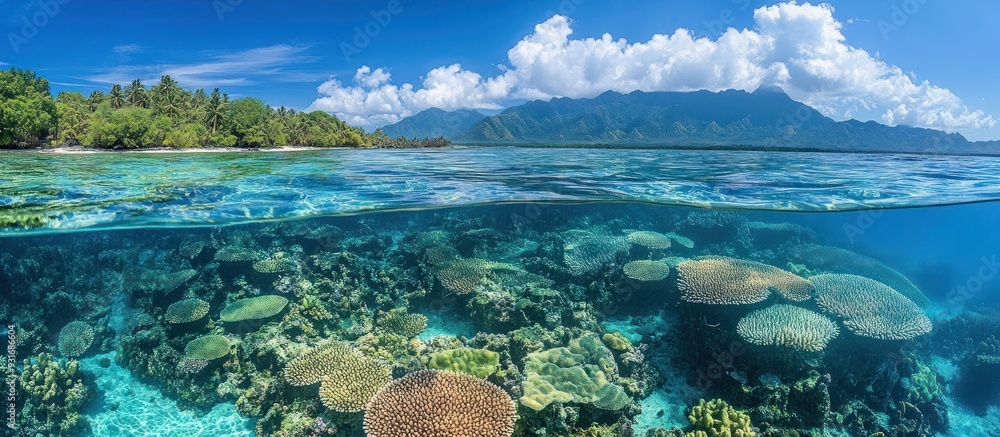 Naklejka premium Coral Reef and Mountain Landscape