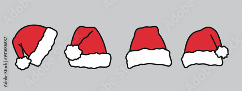 Santa Claus hat, christmas symbol set, pack of stickers, red hats with black outline, vector design elements