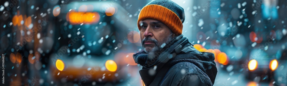 Man walking in the snow wearing a hat Man walking in the snow wearing a hat