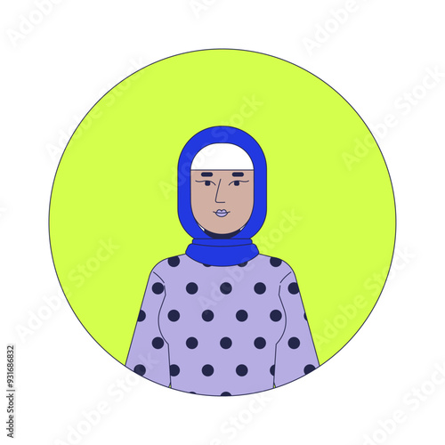 Muslim woman hijab modest 2D linear vector avatar illustration. Arab female headscarf, polka dot shirt cartoon character face portrait. Corporate employee casual flat color user profile image isolated