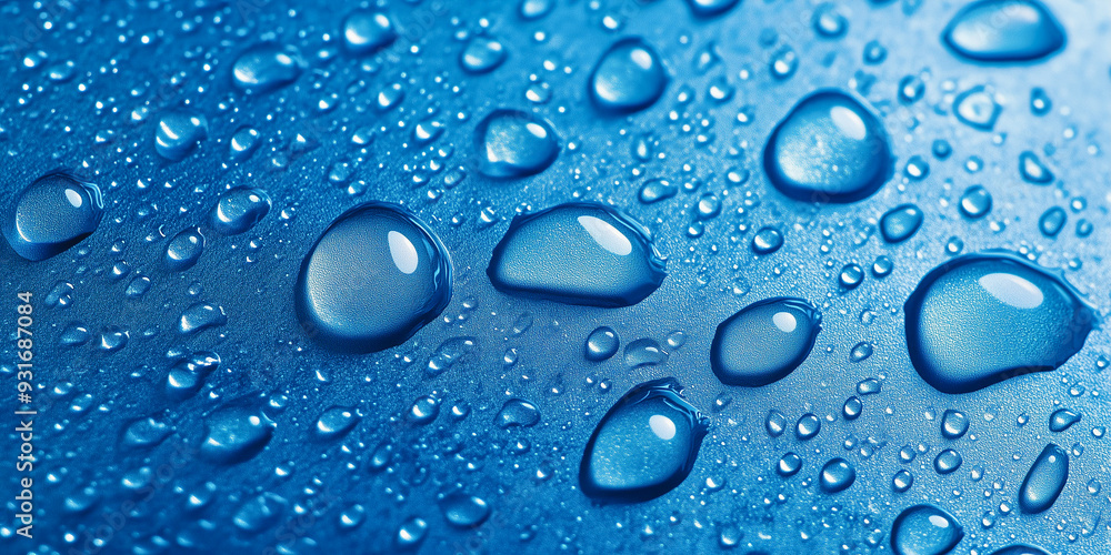 Close-up of water droplets on a blue surface, showcasing the beauty of fluid dynamics and the delicate interplay of light and liquid. Close-up of water droplets on a blue surface, showcasing the beauty of fluid dynamics and the delicate interplay of light and liquid.