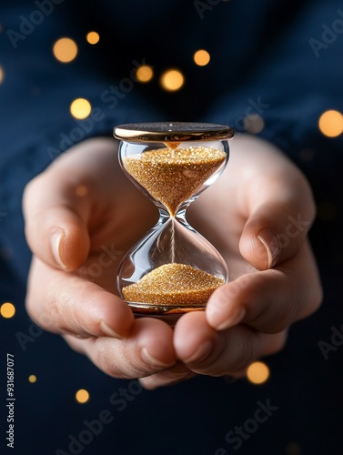 A person holding a glowing hourglass filled with golden sand during a softly lit evening photo