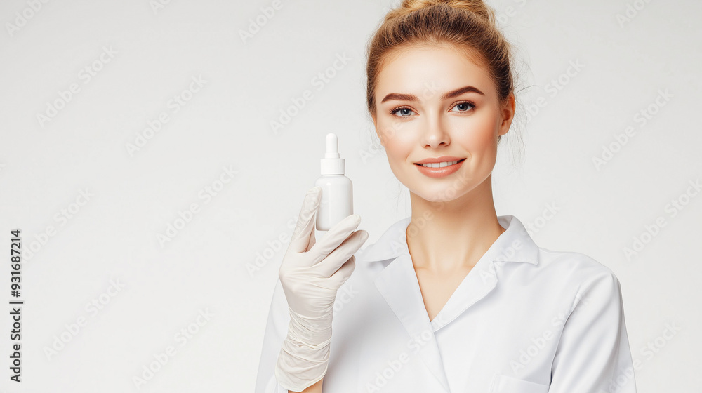 A confident healthcare professional in a white lab coat presents a nasal spray, symbolizing medical expertise and patient care in allergy treatment. A confident healthcare professional in a white lab coat presents a nasal spray, symbolizing medical expertise and patient care in allergy treatment.