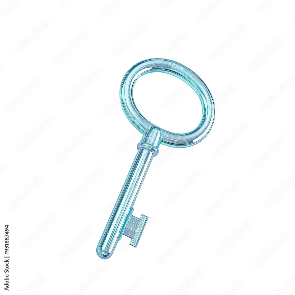 A blue, transparent key with a round keyhole. The key is isolated on a black background. A blue, transparent key with a round keyhole. The key is isolated on a black background.