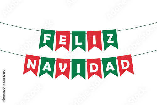 feliz navidad bunting garland, green and red pennants and white letters, party banner, vector decorative element