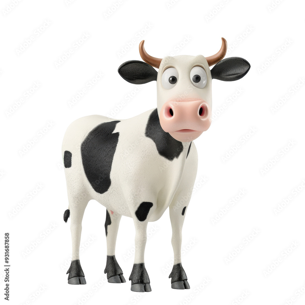 A cartoon cow with large eyes and a surprised expression stands against a black background. A cartoon cow with large eyes and a surprised expression stands against a black background.