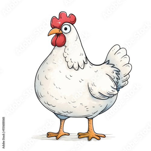 A cartoon illustration of a white hen with a red comb and wattle.  The hen is standing on two legs. photo