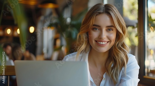 Young smiling confident happy successful employee IT business woman wears white shirt casual clothes hold use work on laptop pc computer surfing internet sit at office desk Achievement : Generative AI