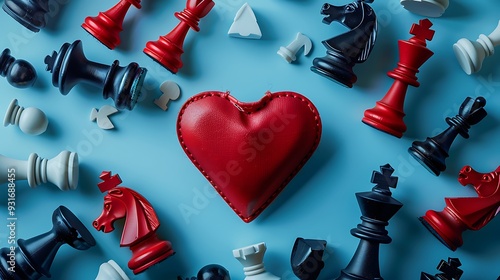 Heart and clover of playing cards with chess king queen and pawns on blue background photo