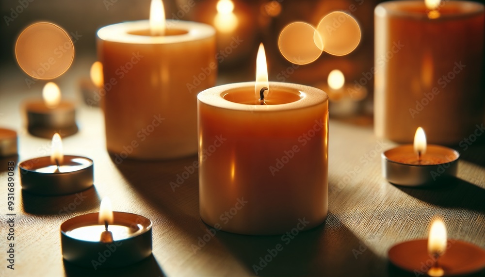 Warm candlelight ambiance with multiple burning candles in a cozy setting Warm candlelight ambiance with multiple burning candles in a cozy setting