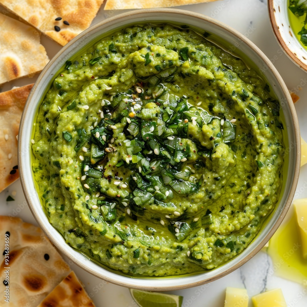 Top view of vibrant green dip with parsley sesame topping. Served in rustic bowl, natural lighting Top view of vibrant green dip with parsley sesame topping. Served in rustic bowl, natural lighting