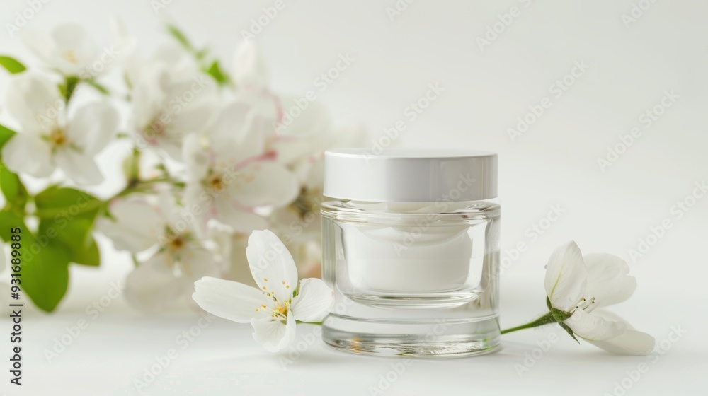 whitening and moisturizing Face cream in an open glass jar and flowers on white background. Set for spa, skin care and body products and solutions for skin problems such as scars, acne, wrinkles. whitening and moisturizing Face cream in an open glass jar and flowers on white background. Set for spa, skin care and body products and solutions for skin problems such as scars, acne, wrinkles.