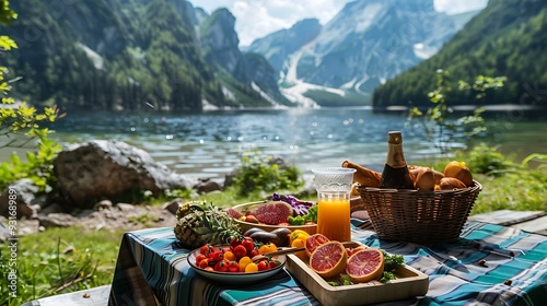 Homegrown produce healthy food break while hiking at beautiful lake photo