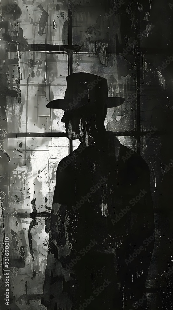 Silhouette of a Man in a Hat Standing in Front of a Window. Silhouette of a Man in a Hat Standing in Front of a Window.