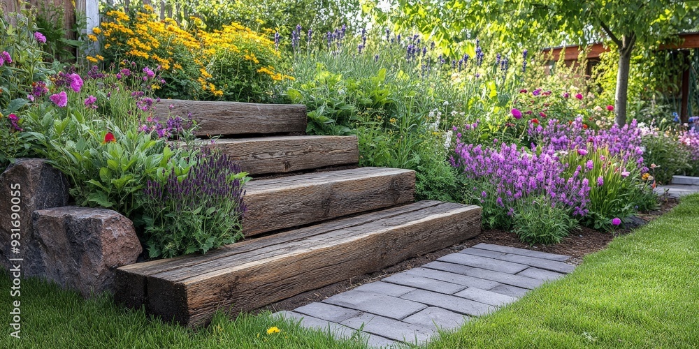 Serene Garden Pathway with Wooden Steps and Flowers Serene Garden Pathway with Wooden Steps and Flowers