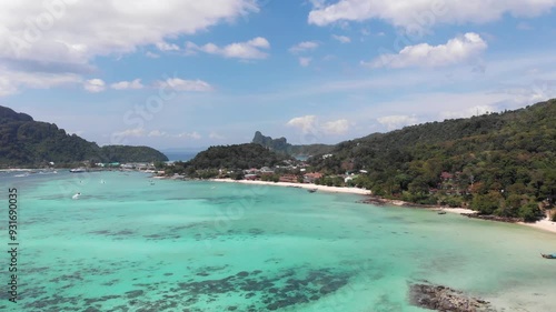 Drone photography, Phi Phi islands, coastline, clear water, snorkeling, boats. Mountain landscape, many islands of Thailand, tourist destinations, active holidays, clear water for snorkeling and