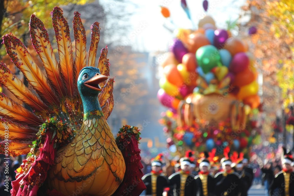 Festive Thanksgiving Parade Float Featuring a Turkey with Feathers and Balloons Festive Thanksgiving Parade Float Featuring a Turkey with Feathers and Balloons