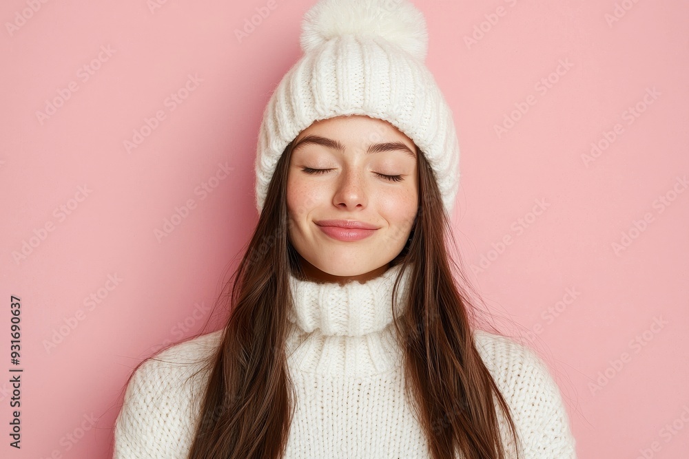 Stunning shot of a pretty young woman with dark hair. She keeps her eyes closed, imagines wonderful moments, smiles pleasantly, shows perfect white teeth, enjoys comfort in a new sweater and warm Stunning shot of a pretty young woman with dark hair. She keeps her eyes closed, imagines wonderful moments, smiles pleasantly, shows perfect white teeth, enjoys comfort in a new sweater and warm