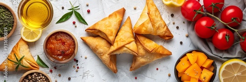 Wallpaper Mural Crispy Fried Triangles, Savory Dip, Fresh Produce A Delicious Food Flat Lay, Overhead View Torontodigital.ca