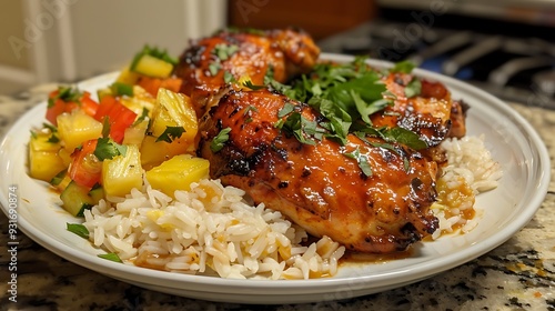 Homemade hawaiian huli chicken with pIneapple and rice photo