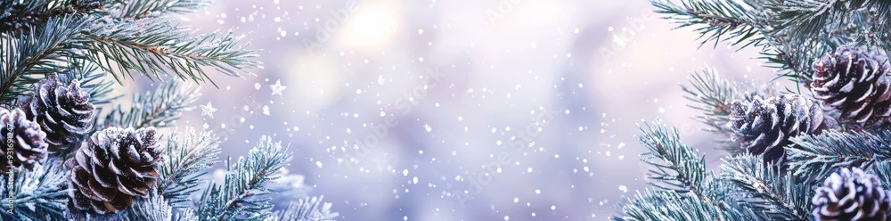 An ornamental banner of fir branches and snowy pine cones over a snowy wooden table - Christmas / Winter An ornamental banner of fir branches and snowy pine cones over a snowy wooden table - Christmas / Winter