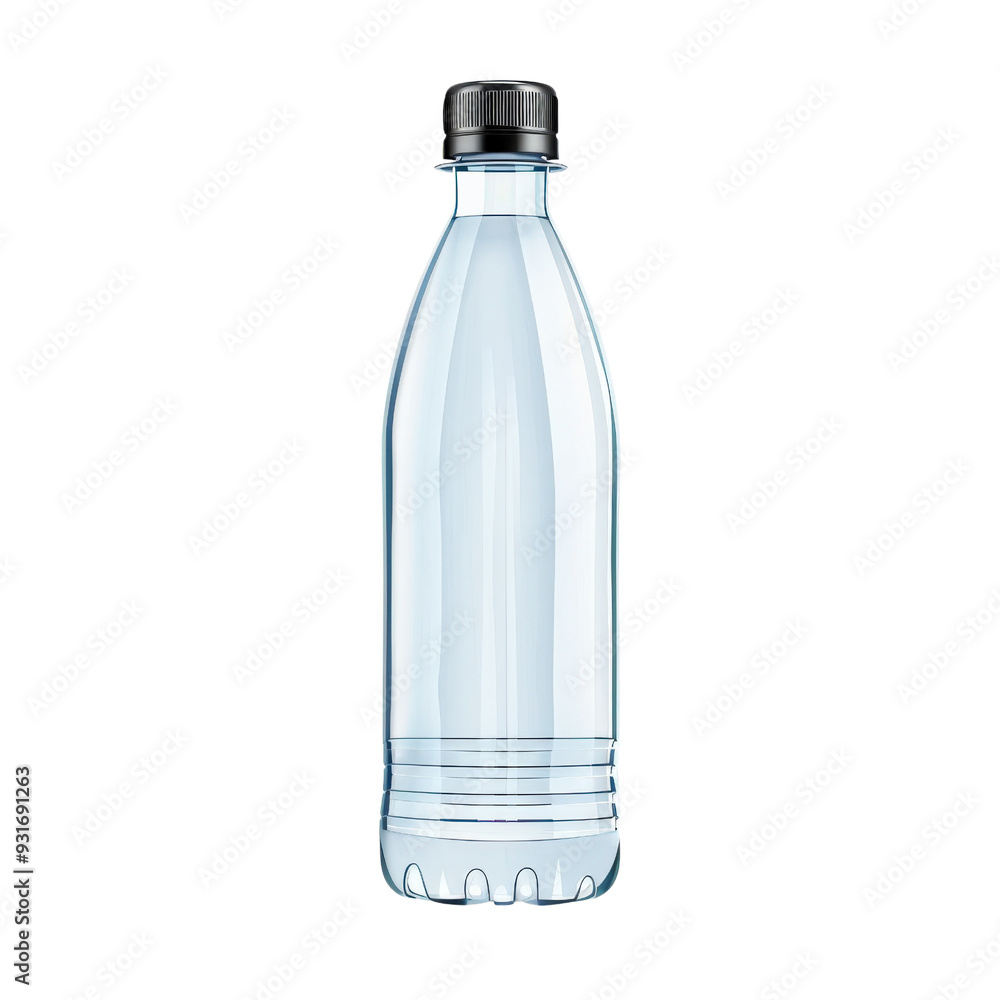 A plastic water bottle with a black cap. The bottle is clear and filled with water. The bottle is isolated on a white background. A plastic water bottle with a black cap. The bottle is clear and filled with water. The bottle is isolated on a white background.
