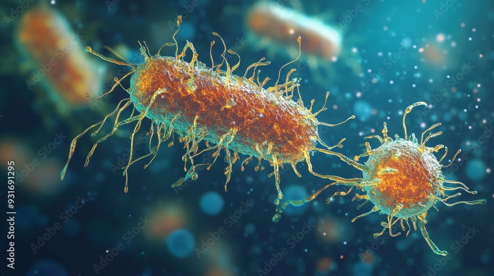 Two bacteria are observed undergoing conjugation, exchanging genetic material in a microscopic laboratory environment, highlighting the process of natural transformation Two bacteria are observed undergoing conjugation, exchanging genetic material in a microscopic laboratory environment, highlighting the process of natural transformation