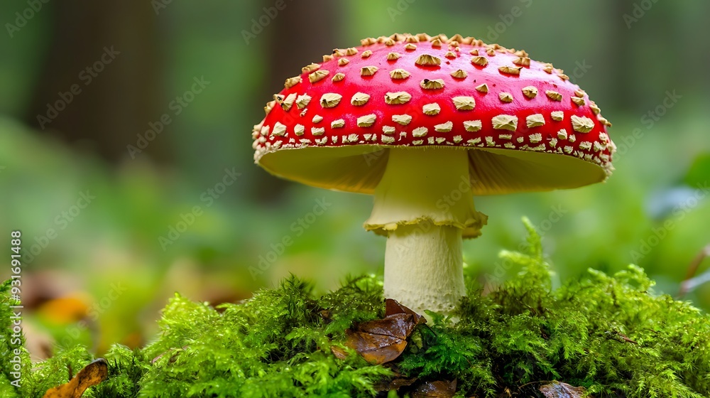 Fototapeta premium A single red and white spotted mushroom with white spots on the top of a mushroom cap, growing in a bed of moss on the forest floor.