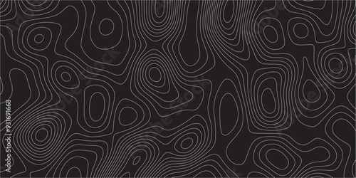 Abstract white on black background Topographic line map pattern. Contour elevation topographic and textured Background Modern design with black background with topographic wavy patted.	
 photo