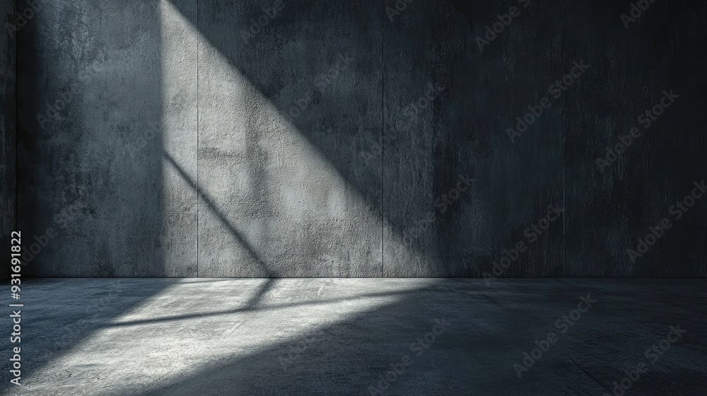 Concrete-floored room with dark walls, a single spotlight casting sharp shadows, perfect for dramatic designs or promotions. Concrete-floored room with dark walls, a single spotlight casting sharp shadows, perfect for dramatic designs or promotions.
